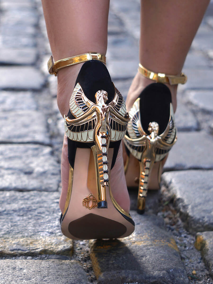 Close up of woman walking wearing Femmes Sans Peur stiletto shoes